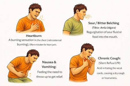 Professional grid illustration showing a person experiencing various symptoms such as heartburn (retrosternal burning), sour or bitter belching (Tikta-Amla Udgara), nausea and vomiting, and a chronic cough caused by silent reflux or LPR, representing common symptoms of acidity.