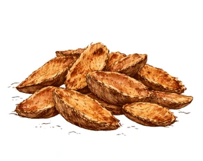 Detailed illustration of Arjuna (Terminalia arjuna) bark fragments, showing their characteristic thick, reddish-brown internal texture and fibrous appearance, representing one of the powerful herbs in our Ayurvedic treatment for menopause.