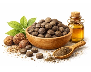 A professional product image of Arshoghna Vati featuring herbal tablets in a wooden bowl, raw ingredients, and a bottle of medicinal oil, representing a key Ayurvedic Herb Medicine for Piles.