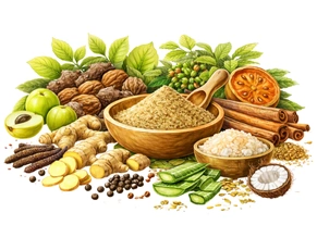 A vibrant display of natural ingredients including Amla, Ginger, and Cinnamon surrounding a bowl of powder, representing the ingredients in a Powerful Ayurvedic Medicine for GERD & Acidity.