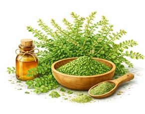 A high-quality image of Bhumyamalaki (Phyllanthus niruri) featuring fresh green plants, powdered herb in a wooden bowl, and herbal oil, highlighting essential Ayurvedic Herbs for Fatty Liver Disease.