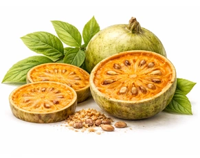 A professional image of fresh and sliced Bilva (Bael Fruit) with green leaves, showcasing one of the most effective Ayurvedic Herbs for Constipation & IBS for gut healing.