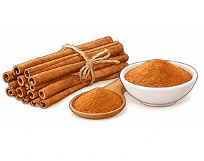Detailed illustration of Cinnamon (Twak) bark sticks and a bowl of fine Cinnamon powder, representing a powerful Ayurvedic medicine for PCOD and natural remedies for PCOD.