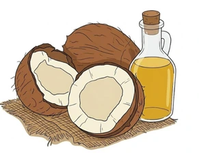 Detailed illustration of a halved fresh coconut and a glass bottle of pure coconut oil, representing an essential dietary addition to Ayurvedic medicines for thyroid and powerful herbs to restore balance.