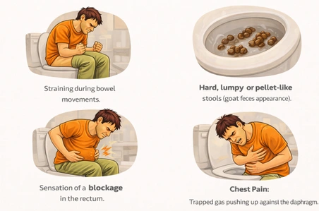 A comprehensive four-panel medical illustration identifying the Constipation Symptoms of Constipation & IBS Disorders, including straining during bowel movements, hard pellet-like stools, a sensation of rectal blockage, and chest pain from trapped gas.