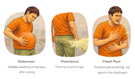 A three-panel medical illustration showing Gas Symptoms of Constipation & IBS Disorders, including visible abdominal distension after eating, excessive flatulence, and sharp chest pain caused by trapped gas pushing against the diaphragm.