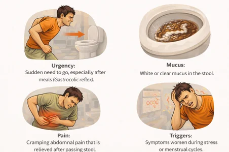 A medical infographic detailing common IBS symptoms of constipation & IBS disorders, featuring four panels that illustrate sudden urgency, mucus in stool, cramping abdominal pain, and stress-related triggers.