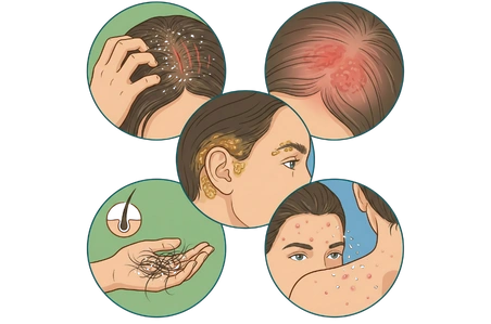 Infographic showing dandruff symptoms like white flakes, scalp redness, crusty patches around ears, and hair fall.