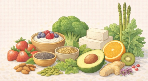 Detailed illustration of a variety of nutrient-dense foods including fresh broccoli, avocado, berries, nuts, seeds, and leafy greens, representing a balanced treatment diet for womens health.