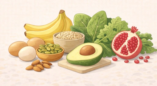 A variety of nutritious foods including bananas, spinach, pomegranate, avocado, and eggs representing the Ayurvedic diet for permanent recovery from erectile dysfunction.