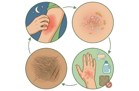 Common symptoms of eczema including intense itching, fluid-filled blisters, and skin thickening.