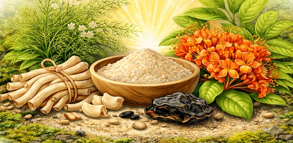 Detailed illustration of potent medicinal plants including Shatavari roots, Ashoka flowers, and Lodhra bark, representing effective Ayurvedic herbs for low libido in women.