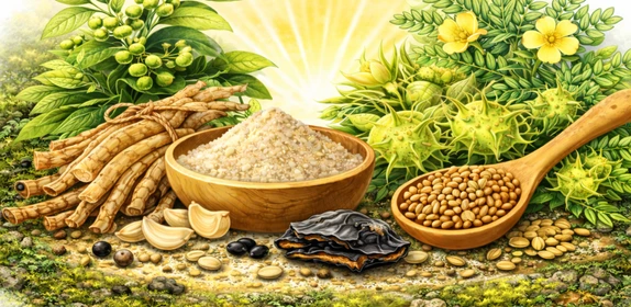 Detailed illustration of potent medicinal plants including Gokshura, Ashwagandha roots, and Shilajit, representing effective Ayurvedic herbs for low libido.