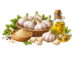 A botanical illustration of Garlic (Lasuna), featuring whole bulbs in a wicker basket, cloves, garlic powder, and a glass bottle of garlic oil, representing a core ingredient in Ayurvedic herbal medicines for cholesterol.