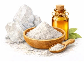 Pure Godanti Bhasma powder with gypsum stones and herbal oil used in Ayurveda to treat chronic migraines and headaches.