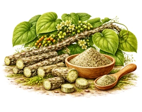 Guduchi (Tinospora cordifolia) stems and powder used in Ayurvedic treatment for psoriasis and eczema.