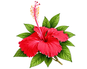 Red Hibiscus flower and leaves used in Ayurvedic hair treatments to stimulate regrowth.