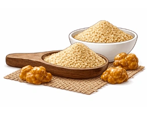 Detailed illustration of Hingu (Asafoetida) resin chunks and a bowl of fine powder, representing a potent addition to natural remedies for irregular menstruation.