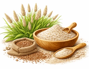 A high-quality image of Psyllium husk (Isabgol) in a wooden bowl with seeds and growing plants, highlighting natural Ayurvedic Herbs for Constipation & IBS.