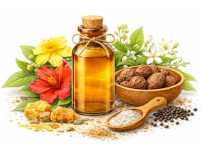 A high-quality product image of Jatyadi Tailam featuring a glass bottle of golden herbal oil surrounded by fresh Jasmine flowers, Neem leaves, and raw Ayurvedic ingredients, representing a vital Ayurvedic Herb Medicine for Piles.