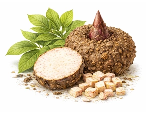 A high-quality image of Jimikand or Suran (Elephant Foot Yam) showing the whole tuber, a cross-section, and chopped pieces with green leaves, representing a key Ayurvedic Herb Medicine for Piles.