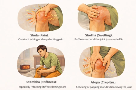 Infographic showing symptoms of arthritis including sharp pain, joint swelling, morning stiffness, and popping sounds in knees.