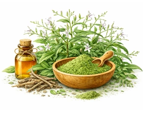 A high-quality image of Kalmegh (Andrographis paniculata) featuring fresh plants, green herbal powder in a wooden bowl, and medicinal oil, showcasing effective Ayurvedic Herbs for Fatty Liver Disease.