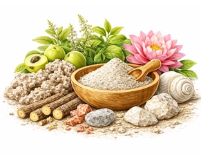 A serene arrangement featuring the ingredients of Kamdudha Ras, including cooling pearls and herbs, representing a Powerful Ayurvedic Medicine for GERD & Acidity to soothe internal heat.