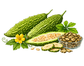 A high-quality botanical illustration of Karela (Bitter Gourd) featuring whole bumpy green fruits, a longitudinal slice, and dried slices in a glass bowl, showcasing a staple in Ayurvedic Herb Medicines For Diabetes.