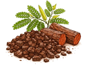 A botanical illustration showing Khadira (Acacia catechu) wood logs, bark chips, and flowering leaves, representing a premier blood-purifying selection among Ayurvedic Herbs for Acne.