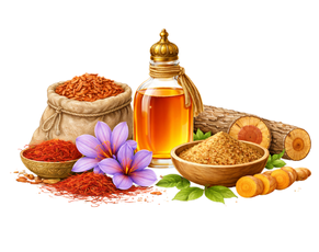 Kumkumadi Tailam with saffron, turmeric, and sandalwood for treating pigmentation.