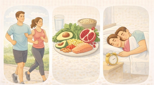 Three panels illustrating a couple jogging, a nutritious meal with pomegranate and salmon, and a couple sleeping soundly to represent an Ayurvedic lifestyle for permanent recovery from erectile dysfunction.