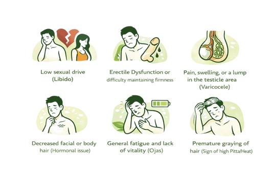 Line art illustration featuring six panels that depict symptoms of low sperm count (oligospermia) including swelling in the testicular area and reduced facial or body hair.