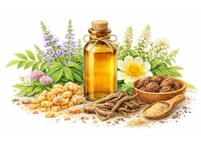 Ayurvedic Mahanarayan Tailam ingredients including Ashwagandha and medicinal herbs used for spinal nerve pain and muscle strength.