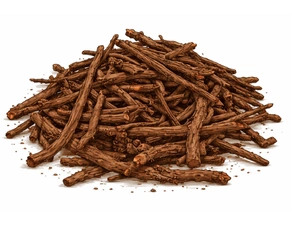 A botanical illustration showing a heap of dried Manjistha (Rubia cordifolia) root segments, a cornerstone of the blood-purifying Ayurvedic Herbs for Acne.