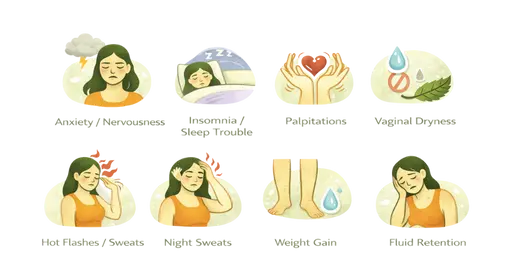 Professional grid illustration showing a woman experiencing various symptoms such as anxiety, insomnia, palpitations, vaginal dryness, hot flashes, night sweats, weight gain, and fluid retention, representing the common symptoms of menopause in women.