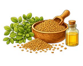 A high-quality botanical illustration of Methi (Fenugreek) featuring green leaves and a wooden bowl filled with golden-brown seeds, highlighting a vital ingredient in Ayurvedic Herb Medicines For Diabetes.