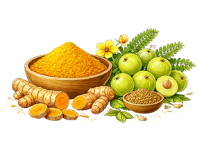 A botanical illustration of Nisha-Amalaki, featuring vibrant yellow Turmeric (Haridra) roots and powder alongside fresh green Amla (Amalaki) fruits, representing a powerful combination in Ayurvedic Herb Medicines For Diabetes.