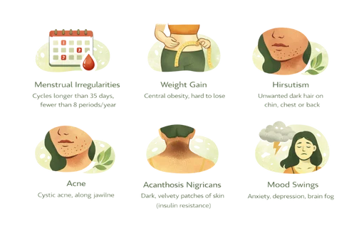 Detailed illustration featuring six panels that depict symptoms beyond missed periods for PCOS, including weight gain, hirsutism, cystic acne, and mood swings.