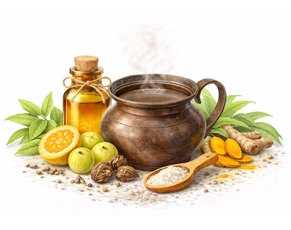 Ayurvedic herbal decoction with ingredients like Amla Haritaki and Turmeric used for treating chronic migraines.