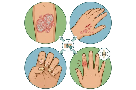 Visual symptoms of psoriasis including scaly patches, skin lesions, nail changes, and joint pain.