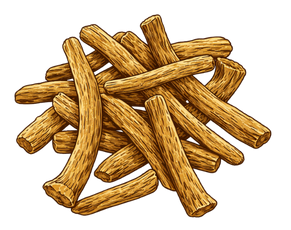 A botanical illustration showing dried Pushkarmool (Inula racemosa) root segments, highlighting a specialized component of Ayurvedic Herb Medicines for Cholesterol.