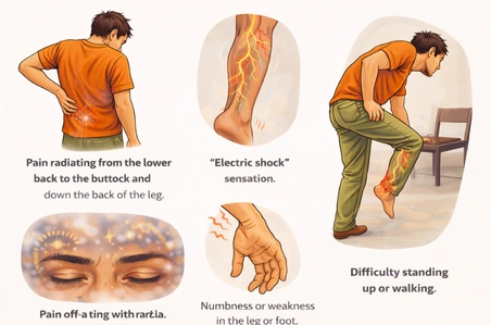 Infographic showing common symptoms of sciatica including radiating leg pain electric shock sensations and numbness.