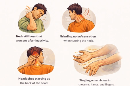Infographic showing symptoms of cervical pain including neck stiffness, grinding sensations, headaches, and arm numbness.