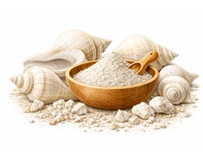 Detailed illustration of Shankha Bhasma showing a wooden bowl filled with fine, white calcium-rich powder surrounded by large conch shells (Shankha), representing a powerful Ayurvedic medicine for GERD and acidity.