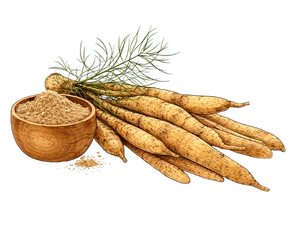 Detailed illustration of Shatavari (Asparagus racemosus) roots next to a wooden bowl of herbal powder, representing a natural solution to mitigate the generic risk of ignoring low sperm count.