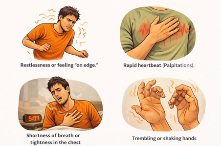Infographic showing anxiety symptoms including restlessness rapid heartbeat shortness of breath and trembling hands.