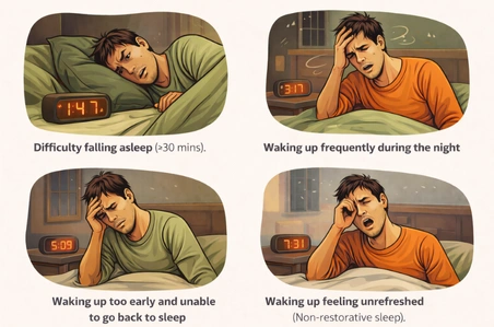 Infographic showing symptoms of insomnia including difficulty falling asleep waking up frequently and feeling unrefreshed.