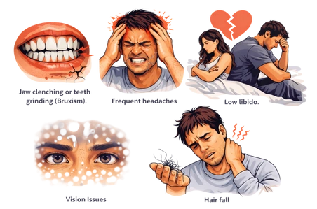 Infographic showing symptoms of chronic stress including jaw clenching frequent headaches low libido vision issues and hair fall.