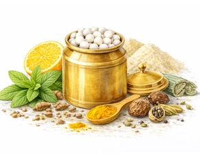 Ayurvedic Suta Shekhar Ras tablets in a golden jar surrounded by herbs like mint, ginger, and turmeric for treating migraines.